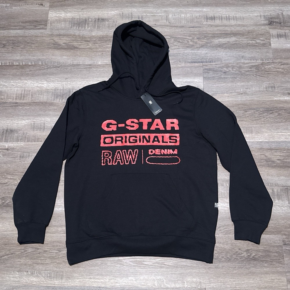 G-Star Raw Fleece Hoodie Distressed Originals Hooded Black Red Men's Size XL NEW